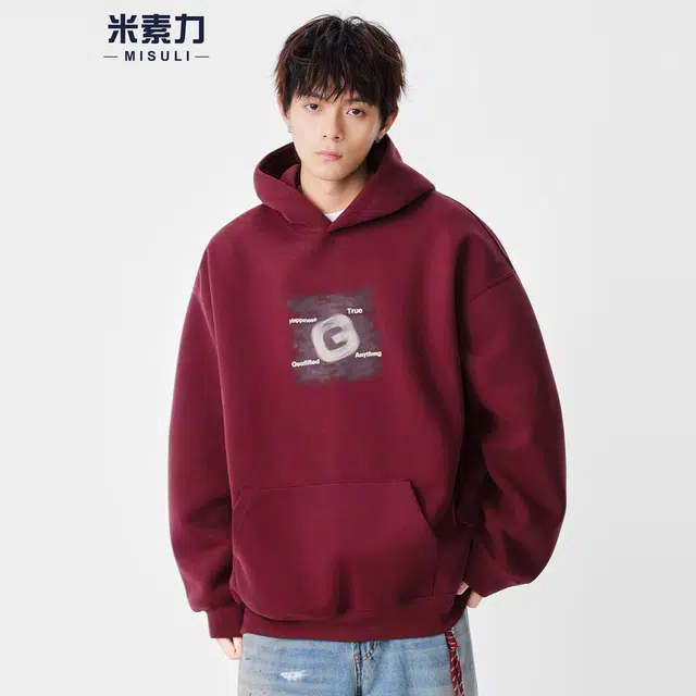 米素力 连帽设计感印花字母落肩袖潮套头卫衣 男女同款
