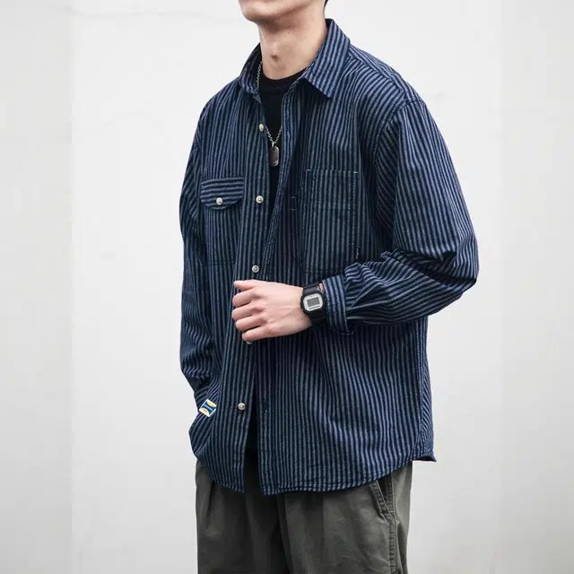 邦固依品 加大码春秋季长袖男日系复古休闲条纹衬衣青少年宽松上衣外套衬衫 男款