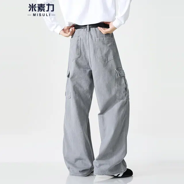 米素力 直筒宽松阔腿纯色工装中腰牛仔裤 男款