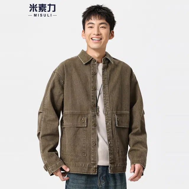 米素力 水洗做旧仿牛仔复古纯色落肩袖宽松型美式夹克 男女同款