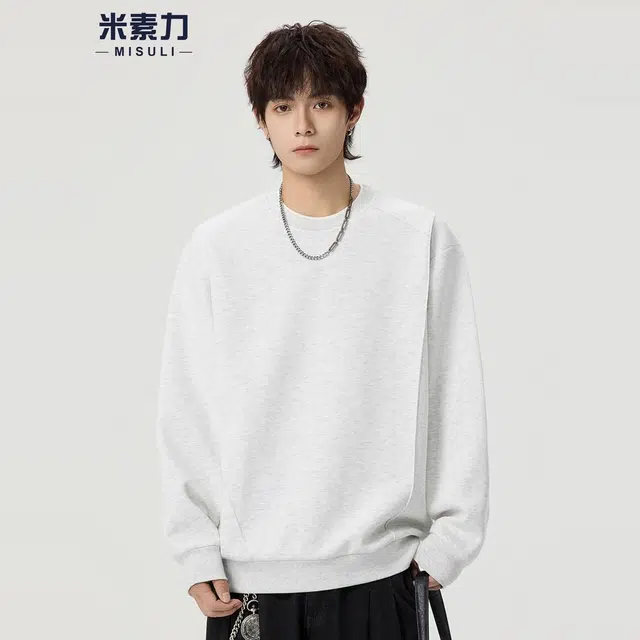 米素力 纯色假两件圆领落肩袖潮套头卫衣 男女同款