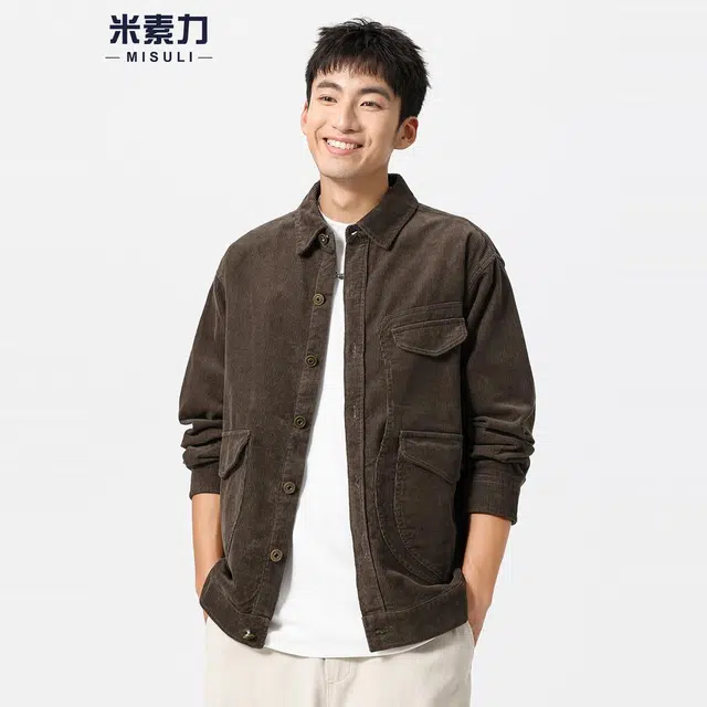 米素力 灯芯绒复古外套纯色落肩袖宽松型休闲风夹克 男女同款