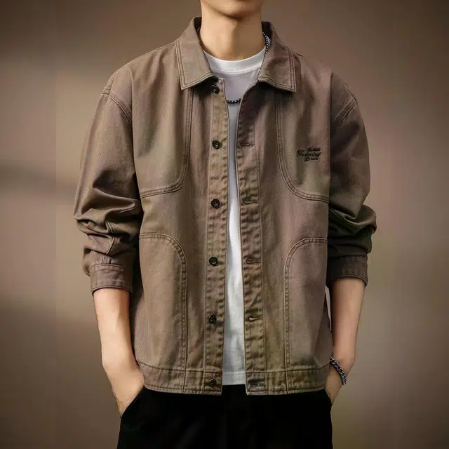 贵色 秋季 港风时尚潮流复古重磅水洗耐磨长袖男士潮牌高街字母印花设计日常穿搭休闲猎装工装夹克牛仔外套 宽松型 男女同款