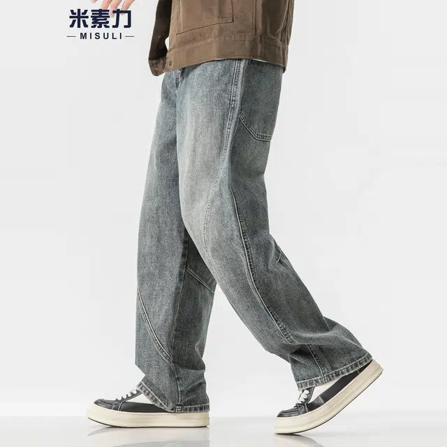 米素力 水洗复古秋季宽松美式中腰牛仔裤 男女同款