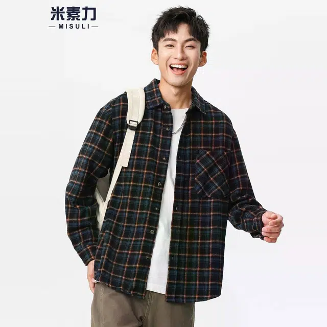 米素力 磨毛格子秋季落肩袖长袖通勤风衬衫 男女同款