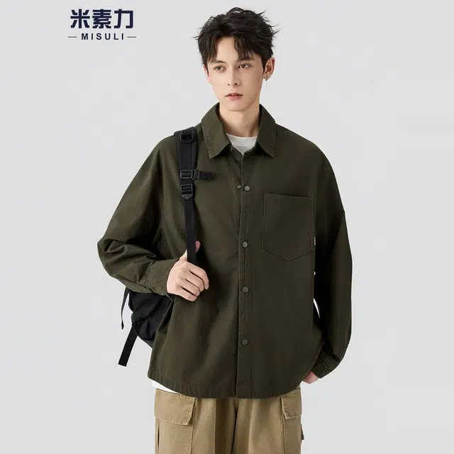 米素力 高级感痞帅宽松纯色常规长袖休闲风衬衫 男款