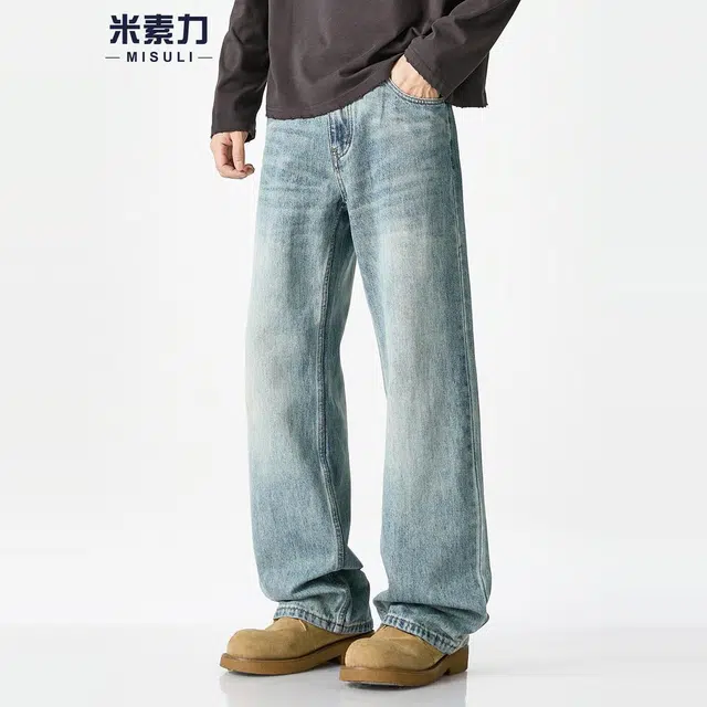 米素力 秋季潮流休闲纯色宽松美式中腰牛仔裤 男女同款