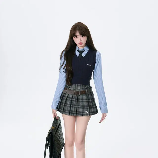 轻迎 美式学院风衬衫马甲叠穿半裙裙装套装 女款