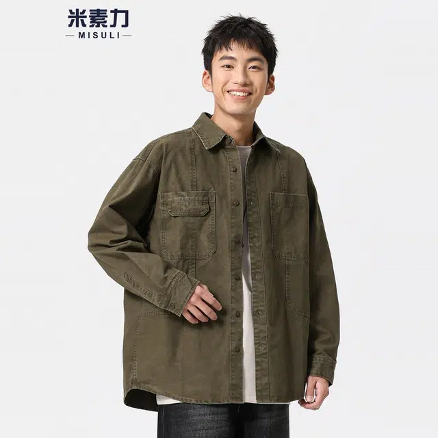 米素力 复古水洗做旧工装线条落肩袖长袖美式衬衫 男女同款