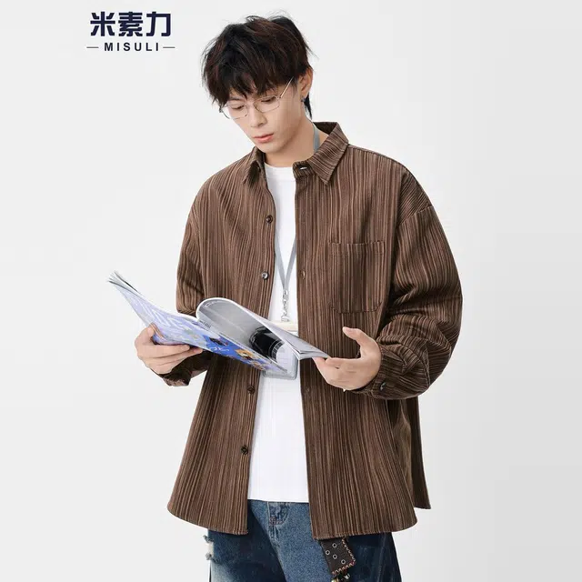 米素力 提花春秋季美式条纹落肩袖长袖潮衬衫 男女同款