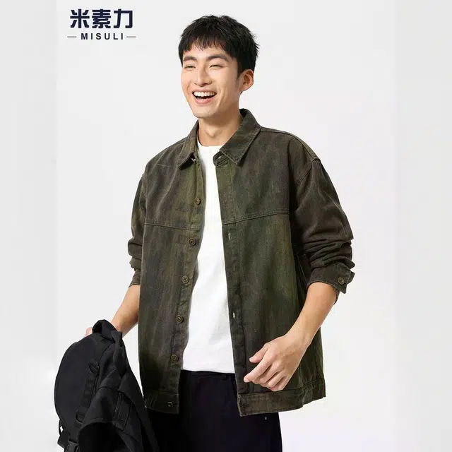 米素力 抓毛翻领衬衫式落肩袖宽松型美式夹克 男女同款