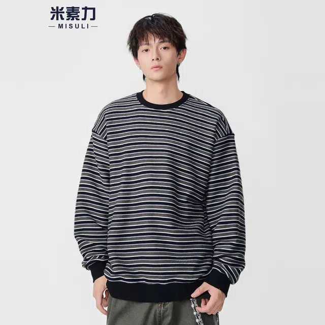 米素力 重磅条纹圆领复古刺绣落肩袖潮套头卫衣 男女同款