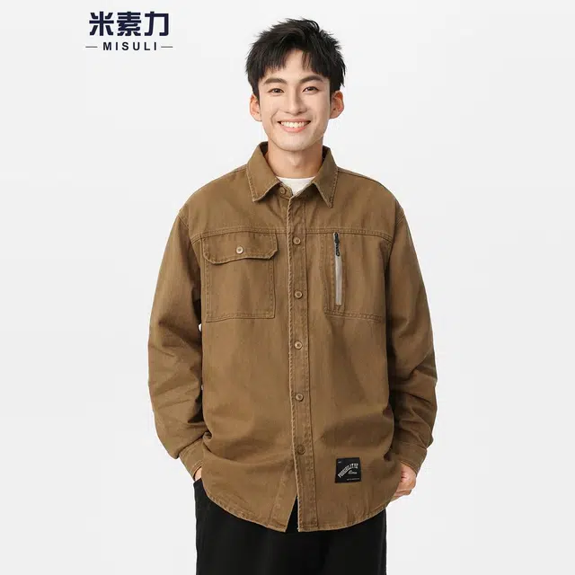 米素力 宽松纯棉美式工装纯色落肩袖长袖衬衫 男女同款