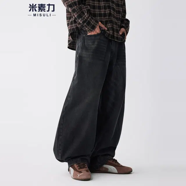 米素力 复古高街纯色宽松休闲中腰牛仔裤 男女同款