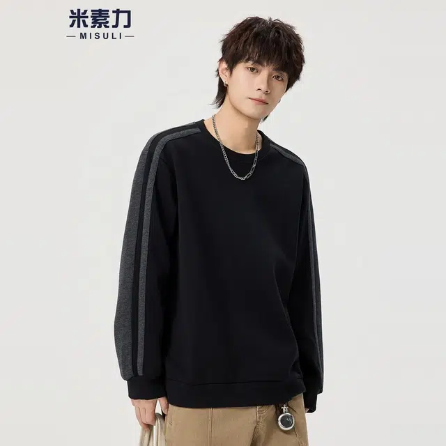 米素力 拼色百搭设计感落肩袖潮套头卫衣 男女同款