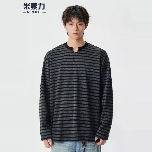 米素力 黑白条纹长袖休闲落肩袖潮套头卫衣 男女同款