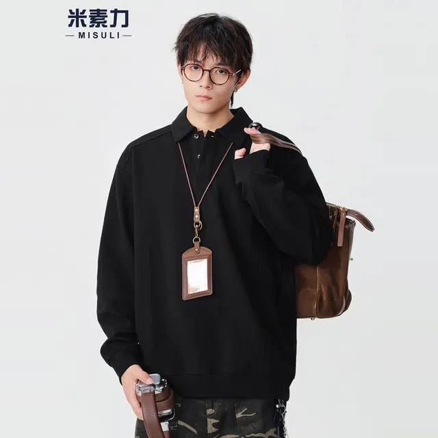 米素力 黑色长袖秋季几何休闲风卫衣 男女同款