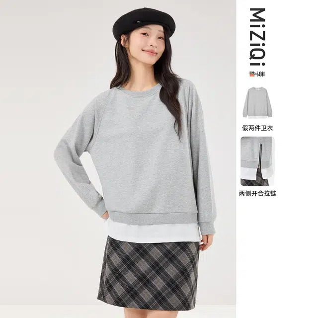 米子旗 灰色假两件拉链开叉拼色插肩袖长袖通勤套头卫衣 女款
