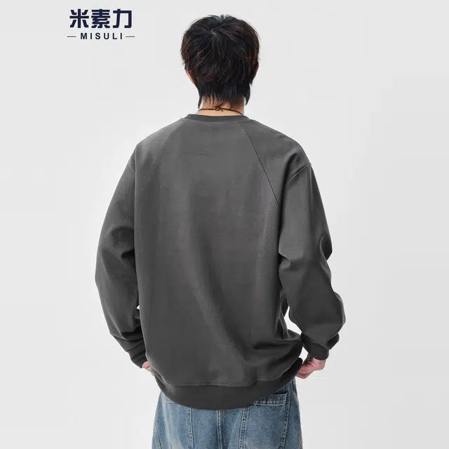 米素力 宽松纯色长袖拼色落肩袖潮套头卫衣 男女同款