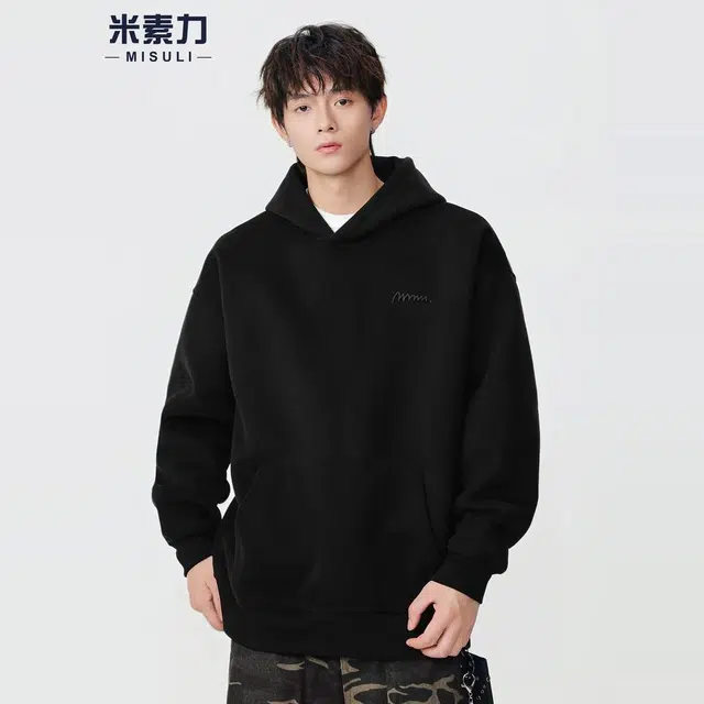 米素力 宽松刺绣连帽落肩袖潮套头卫衣 男女同款