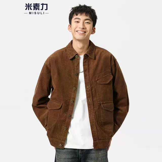 米素力 灯芯绒复古外套纯色落肩袖宽松型休闲风夹克 男女同款