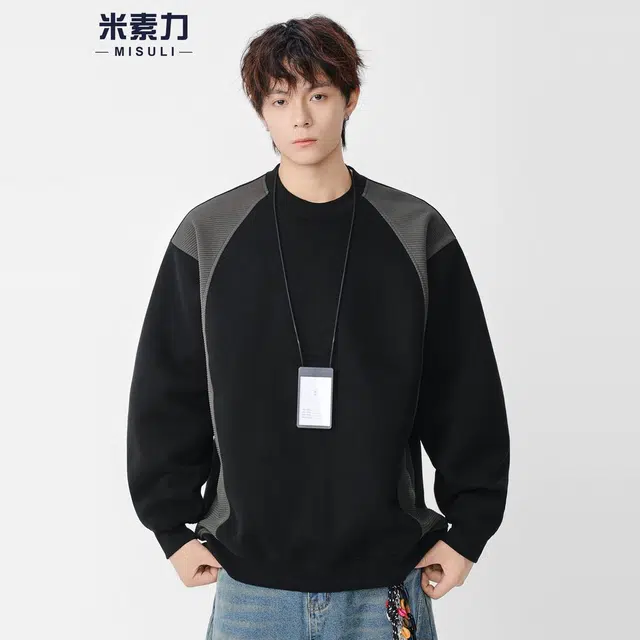 米素力 高级感圆领重磅拼色落肩袖潮套头卫衣 男女同款