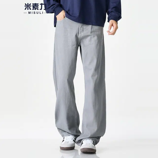 米素力 宽松痞帅垂感纯色直筒潮流中腰牛仔裤 男女同款