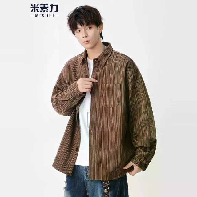 米素力 提花春秋季美式条纹落肩袖长袖潮衬衫 男女同款