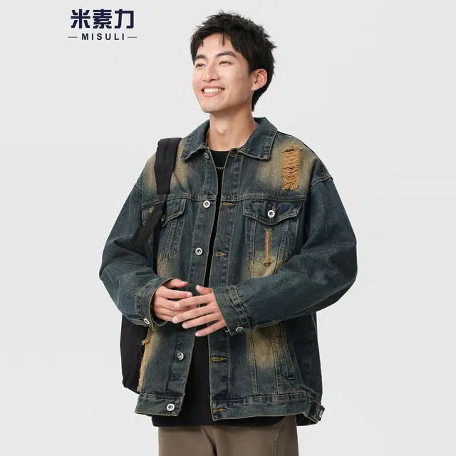 米素力 水洗做旧破洞潮流渐变落肩袖长袖翻领宽松型牛仔外套 男女同款