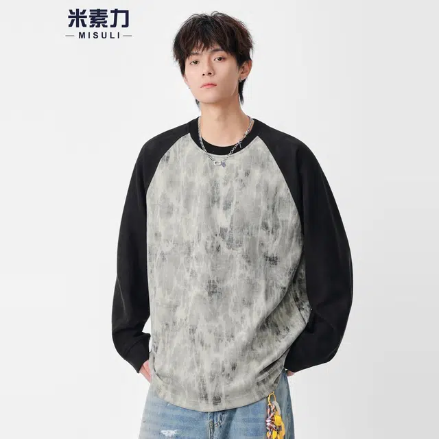 米素力 拼色插肩袖秋季印花长袖潮套头卫衣 男款