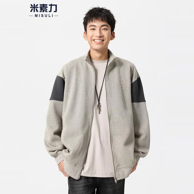 米素力 拼色拉链外套刺绣落肩袖美式开衫卫衣 男女同款