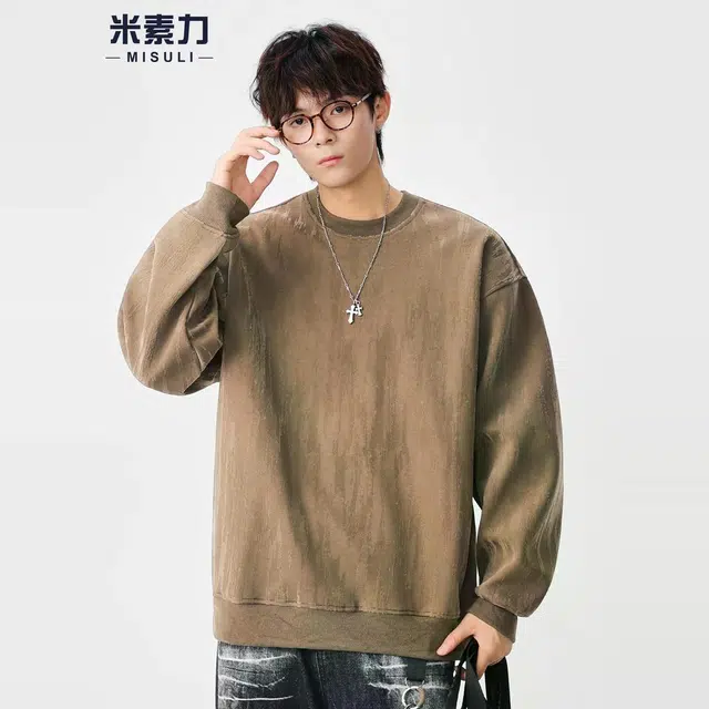 米素力 简约圆领肌理感波浪纹落肩袖潮套头卫衣 男女同款