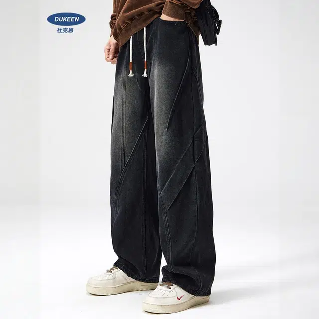 杜克恩 重磅水洗做旧工装阔腿裤秋季美式复古高街潮牌抽绳长裤宽松休闲直筒牛仔裤 男款