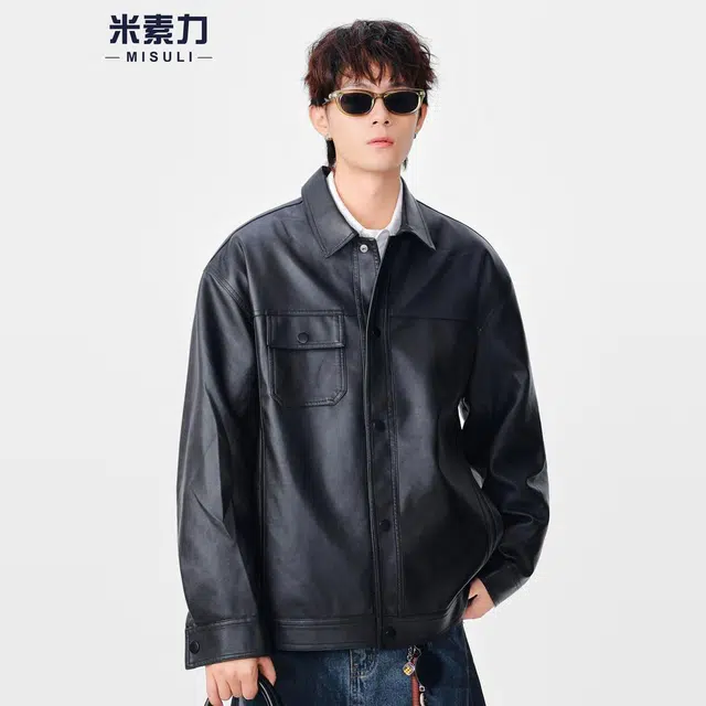 米素力 棕色高街痞帅纯色长袖翻领宽松型仿皮皮衣夹克 男女同款