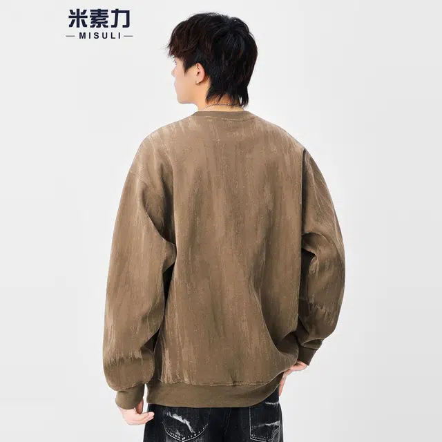 米素力 简约圆领肌理感波浪纹落肩袖潮套头卫衣 男女同款
