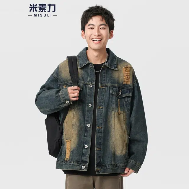 米素力 水洗做旧破洞潮流渐变落肩袖长袖翻领宽松型牛仔外套 男女同款