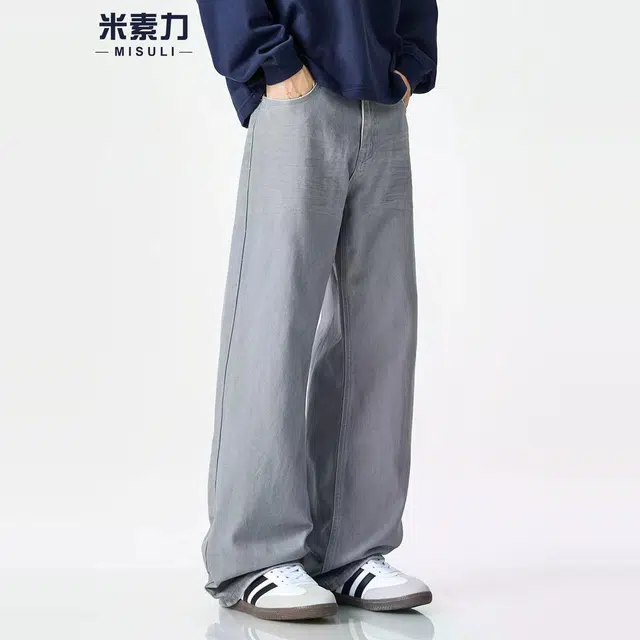 米素力 宽松痞帅垂感纯色直筒潮流中腰牛仔裤 男女同款