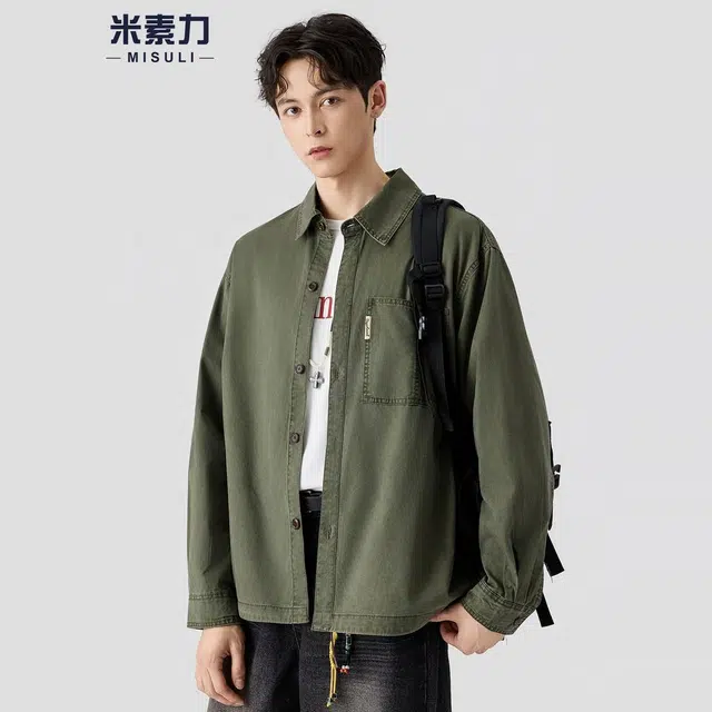 米素力 设计感翻领长袖纯色常规复古风衬衫 男款