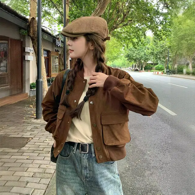 邦固依品 慵懒风外套女春秋款休闲百搭麂皮绒短款棒球服上衣秋季夹克 女款