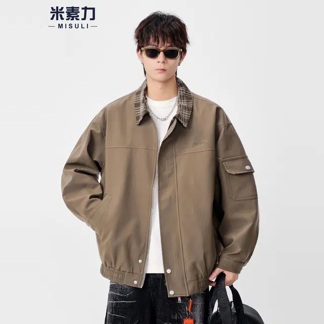 米素力 拼色翻领外套纯色落肩袖宽松型潮夹克 男款