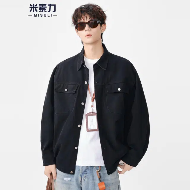 米素力 复古宽松短款纯色落肩袖潮夹克 男女同款