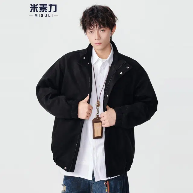 米素力 短款麂皮绒复古痞帅纯色落肩袖宽松型潮夹克 男女同款