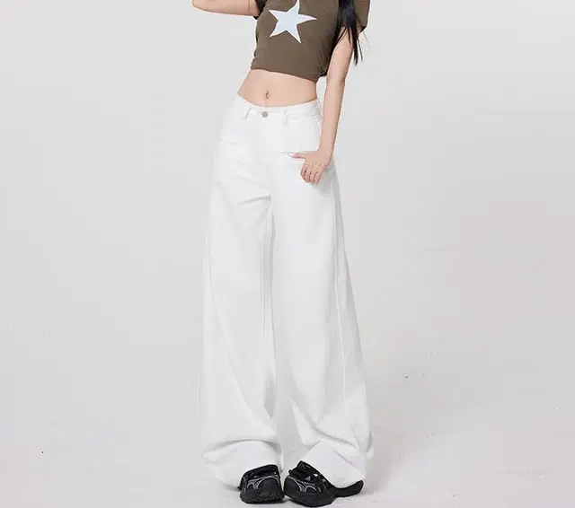 欧迪芬 白色阔腿宽松休闲高腰长裤牛仔裤 女款