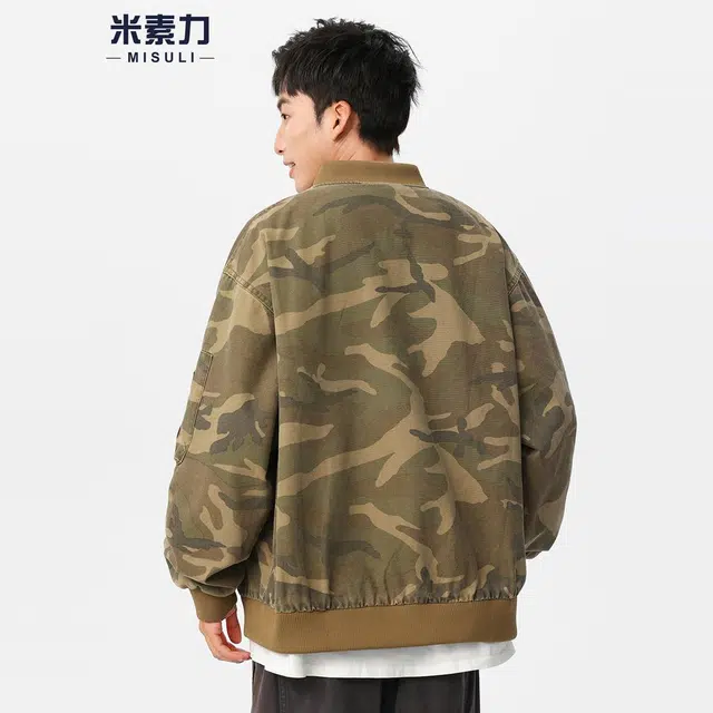 米素力 迷彩飞行员秋季落肩袖宽松型美式夹克 男女同款
