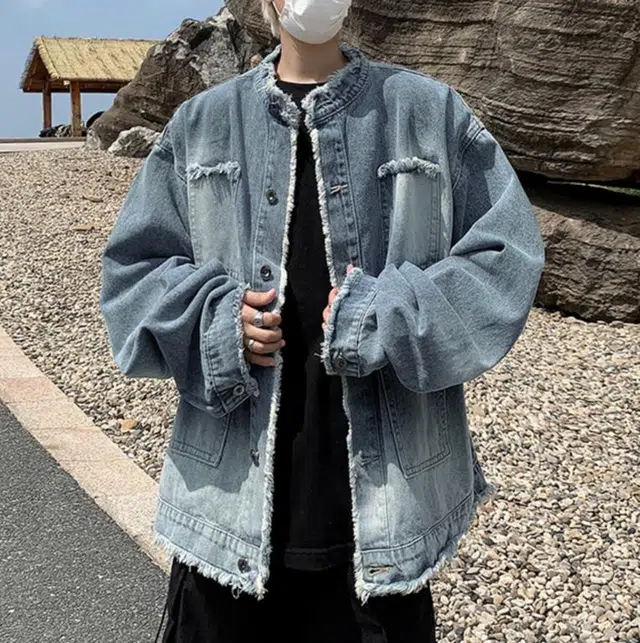 地界二 美式复古毛边设计立领男潮牌秋季高级感痞帅休闲夹克上衣毛边设计立领潮牌纯色牛仔外套 男款