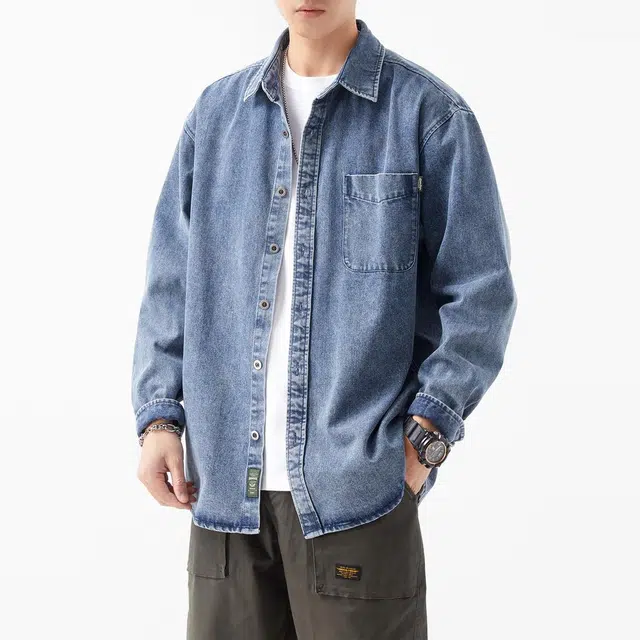 杜克恩 重磅工装水洗做旧牛仔春秋美式复古潮流纯色长袖休闲衬衫 男款
