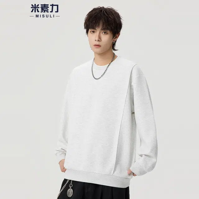 米素力 纯色假两件圆领落肩袖潮套头卫衣 男女同款