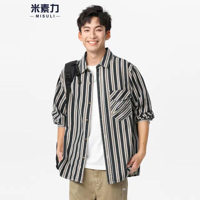米素力 条纹外搭痞帅落肩袖长袖休闲风衬衫 男女同款