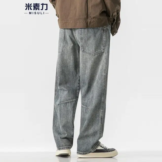 米素力 水洗复古秋季宽松美式中腰牛仔裤 男女同款