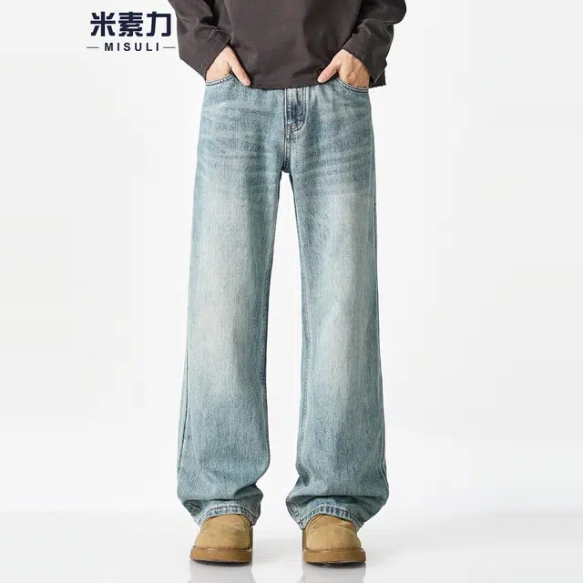 米素力 秋季潮流休闲纯色宽松美式中腰牛仔裤 男女同款